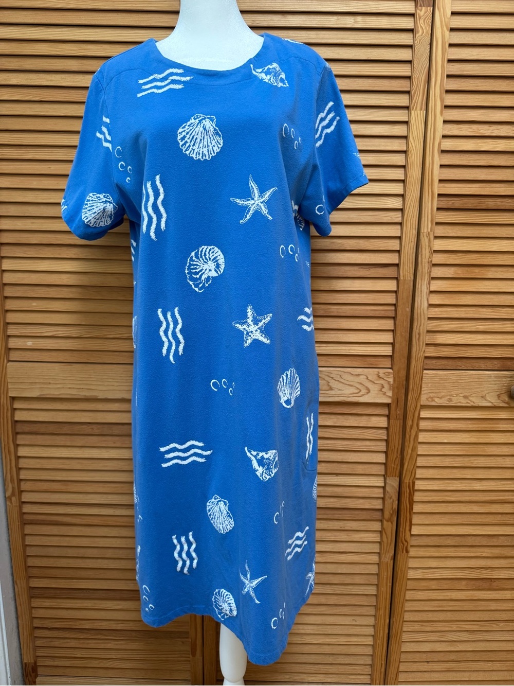 Links Coastal Blue Sea Life Seashell Print T-Shirt Dress Size L Beachy Nautical